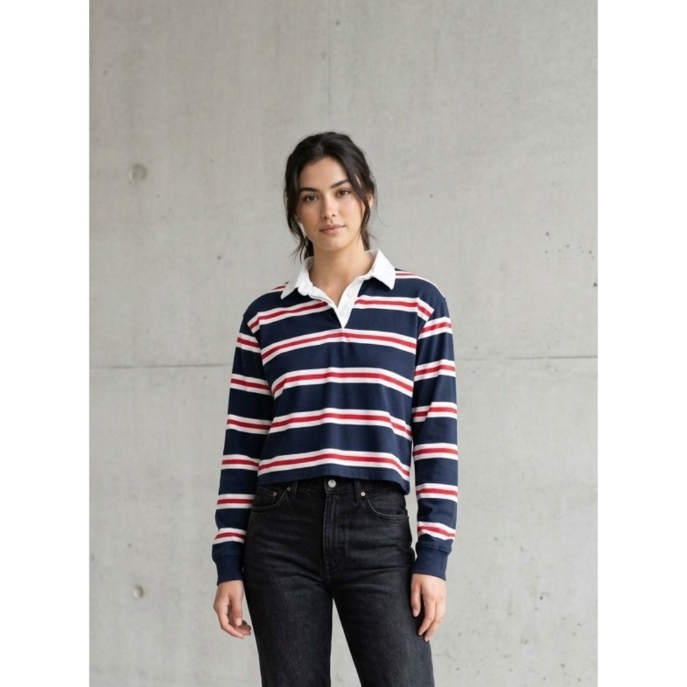 John Galt Striped Long Sleeve Cropped Rugby Polo Shirt Small
